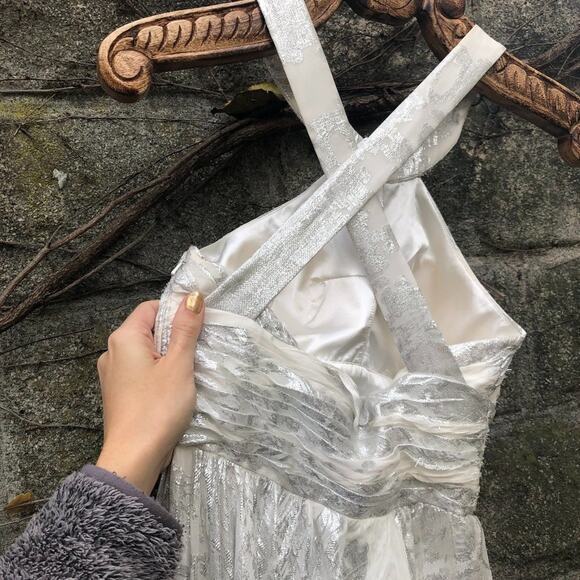 Aidan Mattox White Silver Metallic Halter Cross Back Maxi Gown Dress - Picture 6 of 11